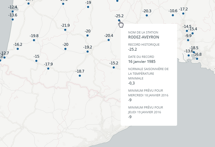 France Info a réalisé une carte pour comparer les températures records, relevées dans chacune des stations Météo France, et les prévisions météorologiques attendues ces jours-ci dans ces mêmes stations.