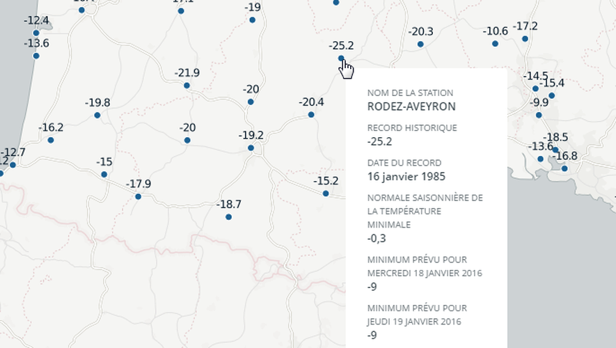 France Info a réalisé une carte pour comparer les températures records, relevées dans chacune des stations Météo France, et les prévisions météorologiques attendues ces jours-ci dans ces mêmes stations.