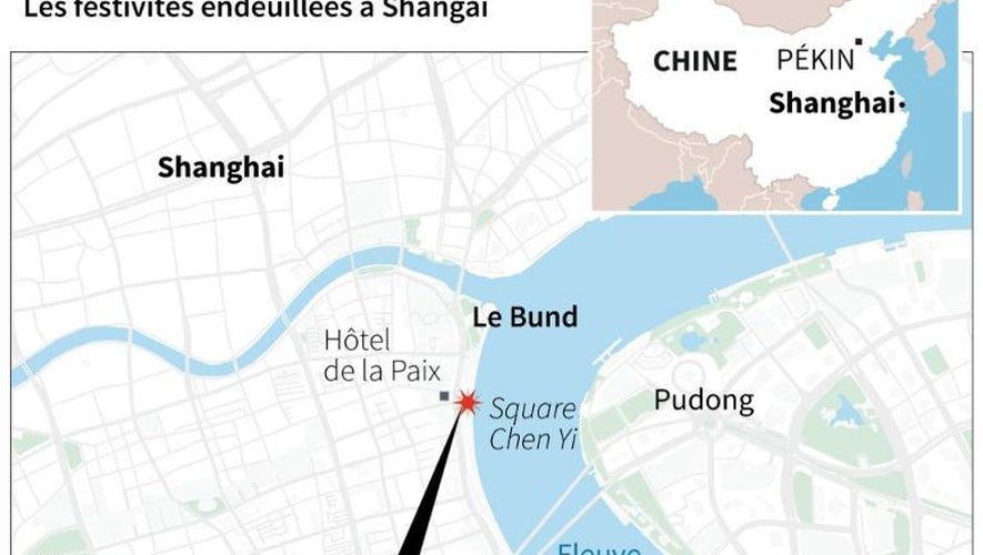 Carte de localisation de Shangai et du lieu d'une bousculade meurtrière lors du Nouvel An