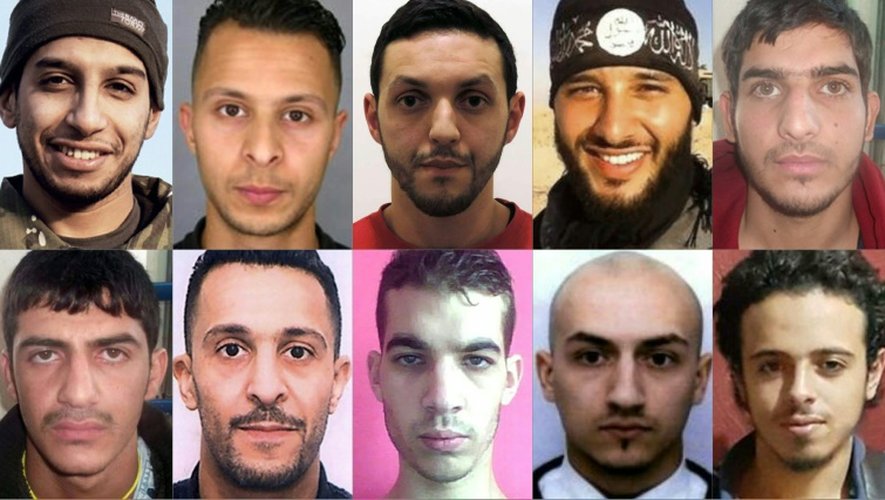 Montage de photos réalisé le 10 décembre 2015 à Paris montrant les suspects impliqués dans les attentats de Paris