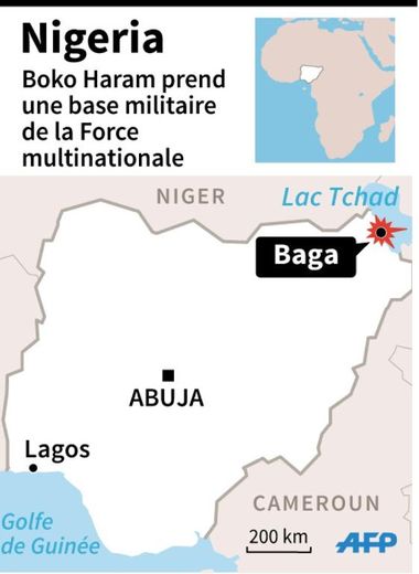 Carte de localisation de la base militaire de Baga, sur le lac Tchad, prise par le groupe islamiste Boko Haram