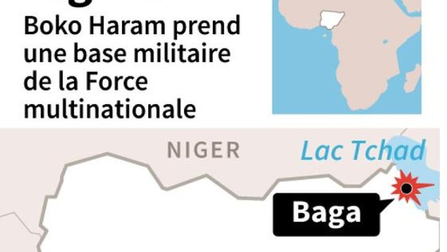 Carte de localisation de la base militaire de Baga, sur le lac Tchad, prise par le groupe islamiste Boko Haram