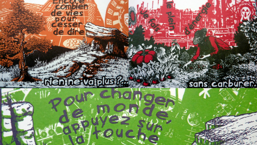 Trois des six cartes postales militantes qui sont insérées dans le livre collectif.