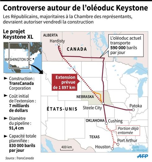 Carte de localisation de l'extension controversée de l'oléoduc Keystone entre le Canada et les Etats-Unis