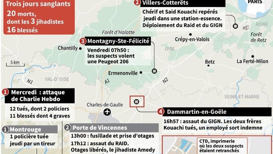 Carte de localisation des prises d'otages à Dammartin-en-Goële et à la Porte de Vincennes à Paris