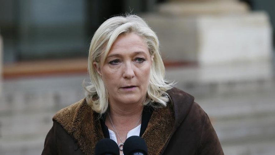 La présidente du Front National Marine Le Pen s'exprime devant la presse le 9 janvier 2015 après son entrevue à l'Elysée avec François Hollande