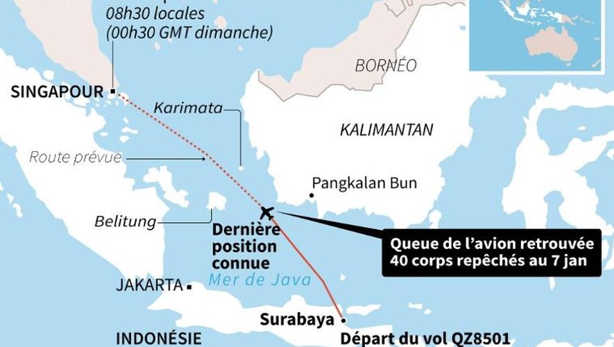 Carte localisation la route prévue et dernière position connue de l'Airbus d'AirAsia disparu en mer de Java avec 162 personnes à bord