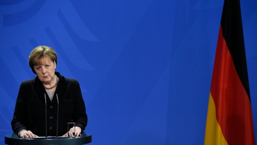 La chancelière allemande Angela Merkel lors d'une conférence de presse, le 7 janvier 2016 à Berlin