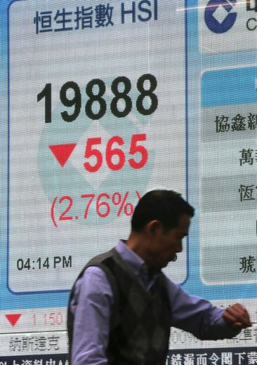 Panneau indiquant la valeur de l'indice Hang Seng, le 11 janvier 2016 à Hong Kong