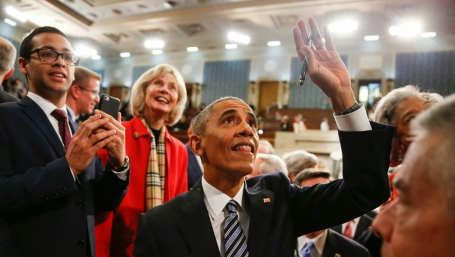 Barack Obama à l'issue de son dernier discours sur l'état de l'Union, le 12 janvier 2016 au Congrès à Washington