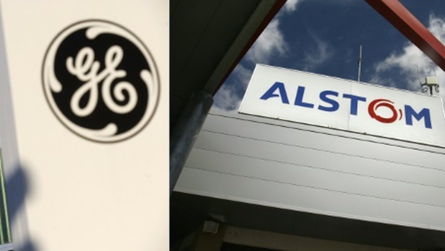 Les logos de General Electric à l'usine française de Belfort et celui d'Alstom à Aytre, dans l'ouest de la France