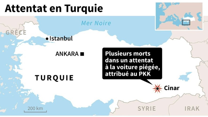 Localisation de Cinar en Turquie, où plusieurs personnes sont mortes dans un attentat à la voiture piégée, attribué aux militants kurdes du PKK par le gouvernement