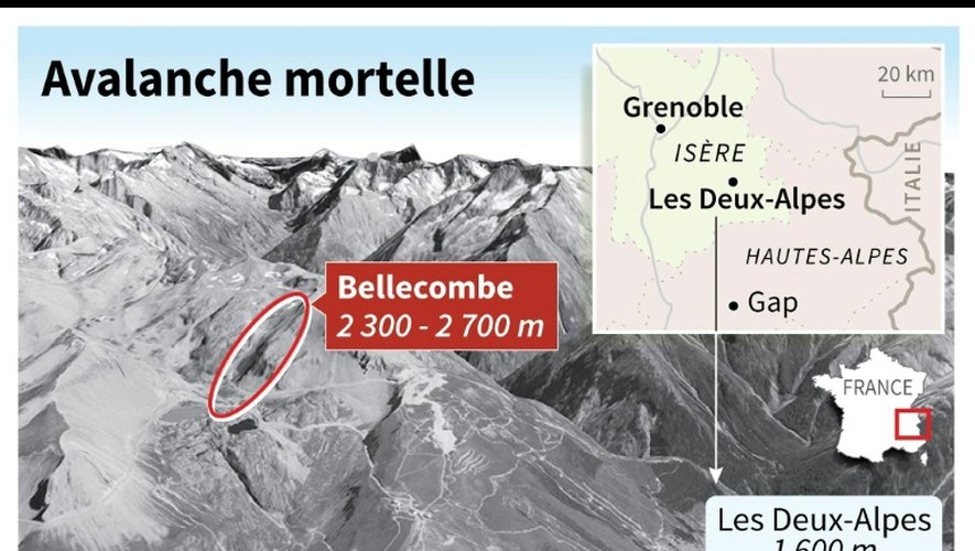 Localisation 3D du secteur de Bellecombe aux Deux-Alpes où plusieurs personnes ont été tuées dans une avalanche qui a emporté une groupe d'élèves de Lyon