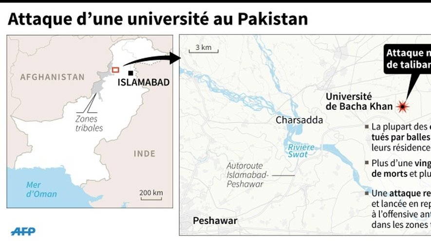 Cartes de localisation de l'attaque de l'université de Bacha Khan à Charsadda au Pakistan mercredi