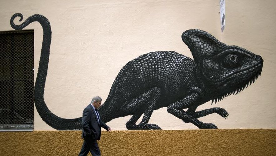 Un passant devant une oeuvre de "street art" à Malaga, le 12 janvier 2015