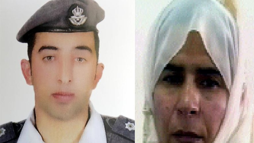 Montage en date du 28 janvier 2015 de portraits du pilote jordanien Mia’dh al-Jasaben et de l'Irakienne Sajida al-Rishawi