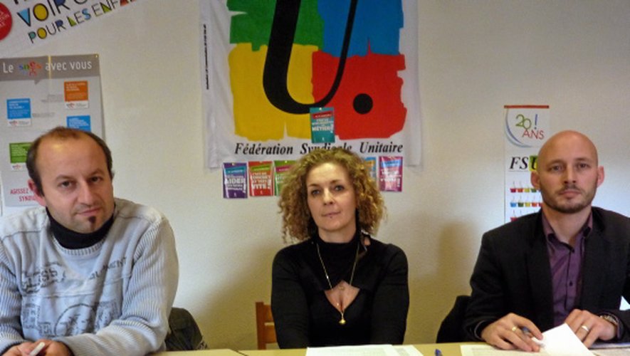 Cyril Féougier, de la CGT Éducation, Valérie Tavernier et Sylvain Lagarde, de la FSU.
