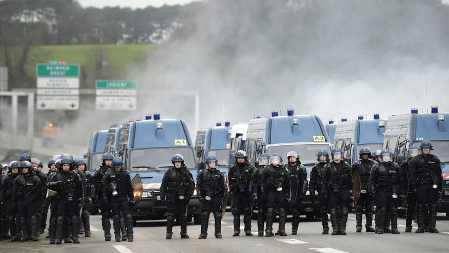 Des gendarmes mobiles sur la RN 165, bloquée près de Lorient par des agriculteurs, pour protester contre la chute des cours du lait et de la viande, le 25 janvier 2016