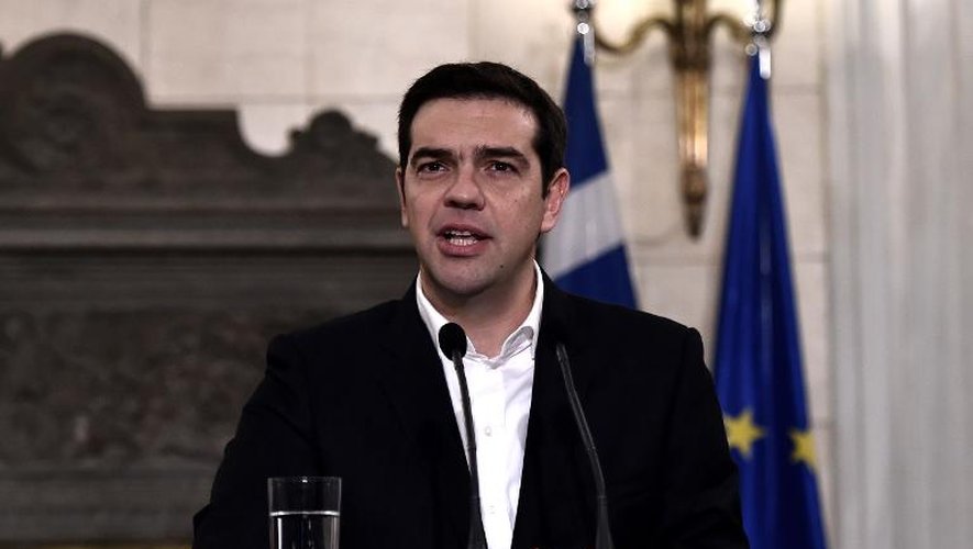 Le nouveau Premier ministre grec Alexis Tsipras, lors d'une conférence de presse après une rencontre avec le président du Parlement européen Martin Schulz, le 29 janvier 2015 à Athènes