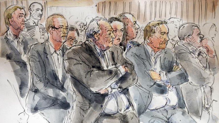 Croquis d'audience de Emmanuel Riglaire, Jean-Christophe Lagarde, Dominique Strauss-Kahn et Fabrice Paszkowski, lors du procès de l'affaire dite du "Carlton" le 2 février 2015 à Lille