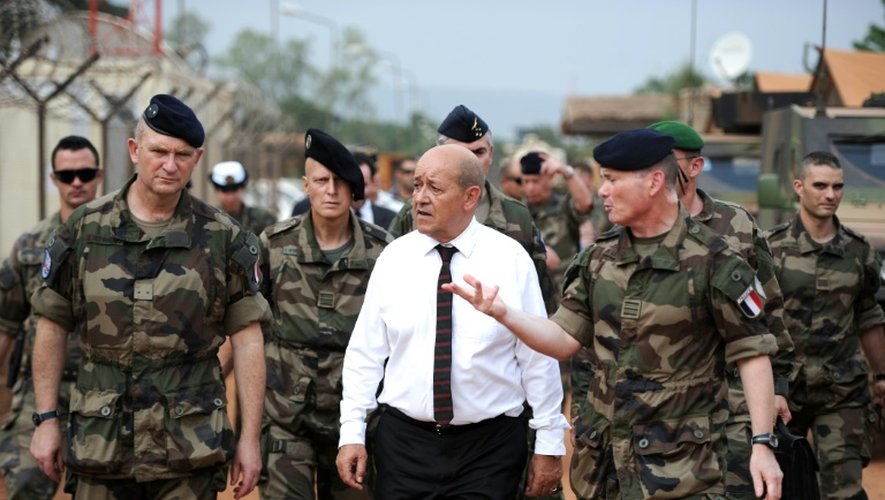 Le ministre français de la Défense Jean-Yves Le Drian (c), le 7 juillet 2014 à Bangui