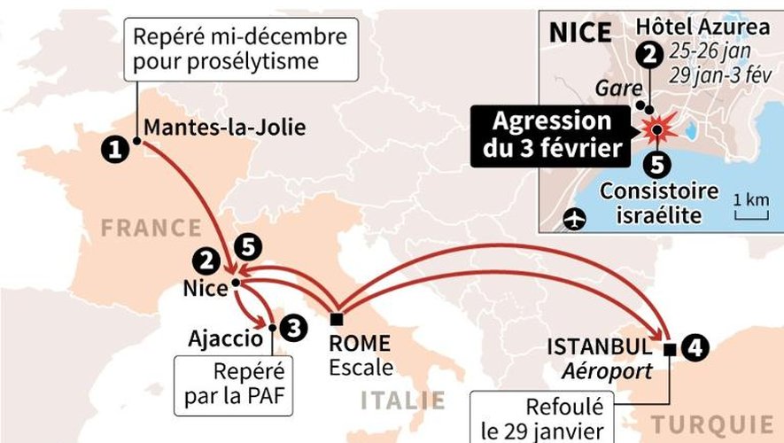 Carte indiquant les déplacements de l'agresseur des militaires à Nice, de la mi-décembre 2014 au 3 février 2015