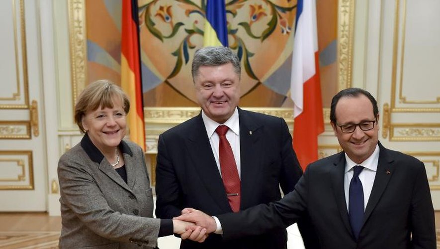 Angela Merkel, le président ukrainien Petro Porochenko et François Hollande à Kiev, le 5 février 2015