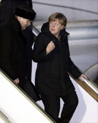 La chancelière Angela Merkel à son arrivée le 6 février 2015 à l'aéroport Vnukovo II à l'extérieur de Moscou