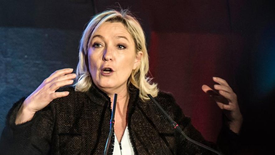 La présidente du FN Marine Le Pen s'exprime lors d'un meeting le 7 février 2015 à la Roche-sur-Foron, en Haute-Savoie
