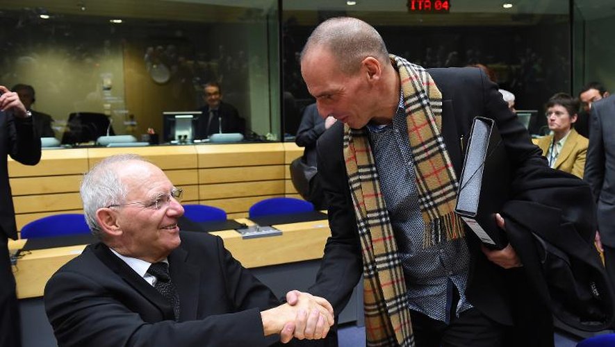 Les ministres allemand Wolfgang Schauble et grec Yanis Varoufakis le 11 février 2015 à Bruxelles