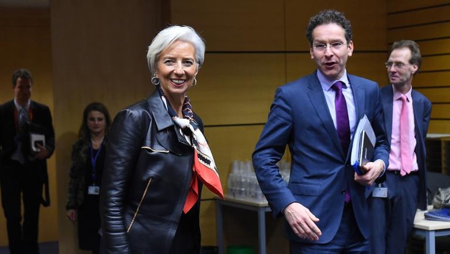 La directrice du FMI Christine Lagarde et le président de l'Eurogroupe Jeroen Dijsselbloem à leur arrivée le 11 février 2015 à Bruxelles