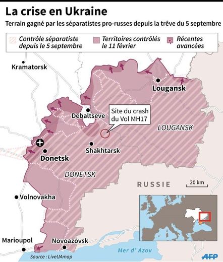 Carte de l'est de l'Ukraine et des territoires conquis par les séparatistes pro-Russes depuis la trêve du 5 septembre