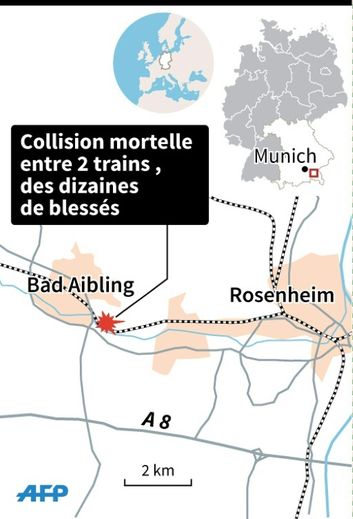 Carte de localisation de la collision mortelle entre 2 trains dans le sud de l' Allemagne