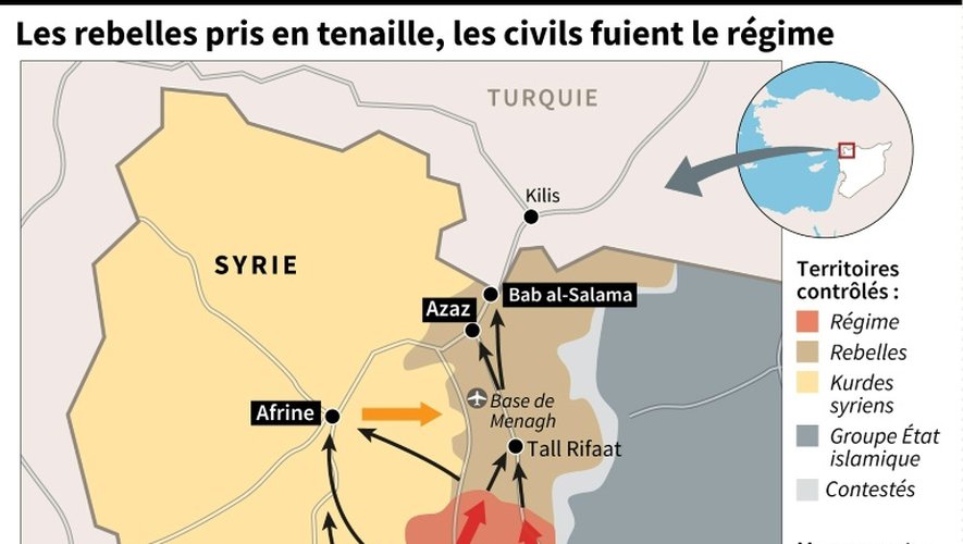 Carte de la région du nord-ouest de la Syrie montrant la fuite des civils et les avancées des forces du régime et celles des Kurdes