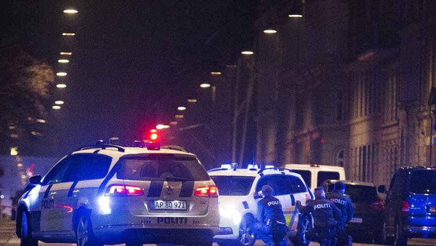 Des policiers se protègent derrière leur voiture dans une rue de Copenhague après des fusillades le 15 février 2015