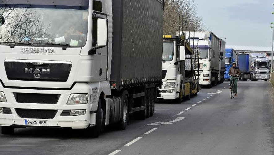 Des camionneurs étrangers sont bloqués par des conducteurs français à Nantes le 27 janvier 2015