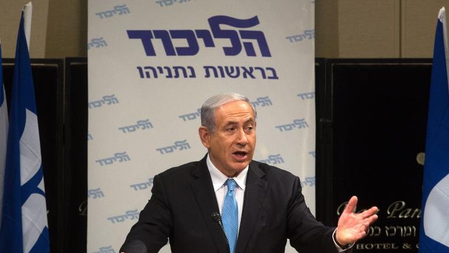 Le Premier ministre Benjamin Netanyahu s'adresse au public lors d'une réunion électorale de son parti le Likoud, le 25 janvier 2015 à Tel Aviv