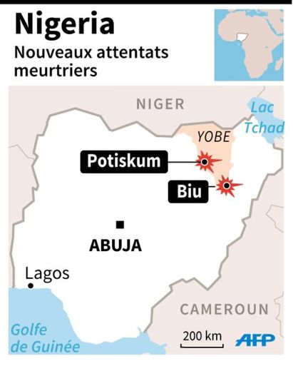 Carte localisant Potiskum et Biu où des attentats ont eu lieu mardi