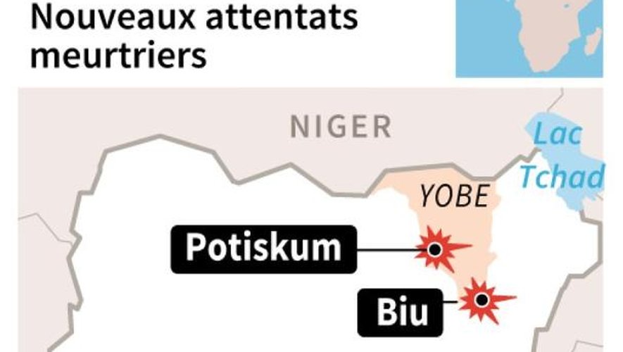 Carte localisant Potiskum et Biu où des attentats ont eu lieu mardi