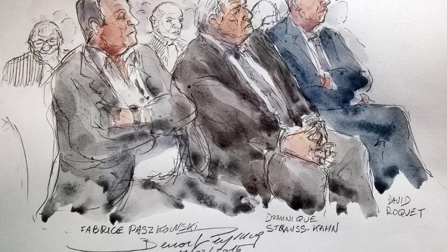 Dessin d'audience représentant Fabrice Paszkowski, Dominique Strauss-Kahn et David Roquet lors de leur procès à Lille, le 17 février 2015