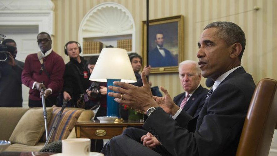 Le président Barack Obama et le vice-président Joe Biden dans le bureau oval, le 17 février 2015