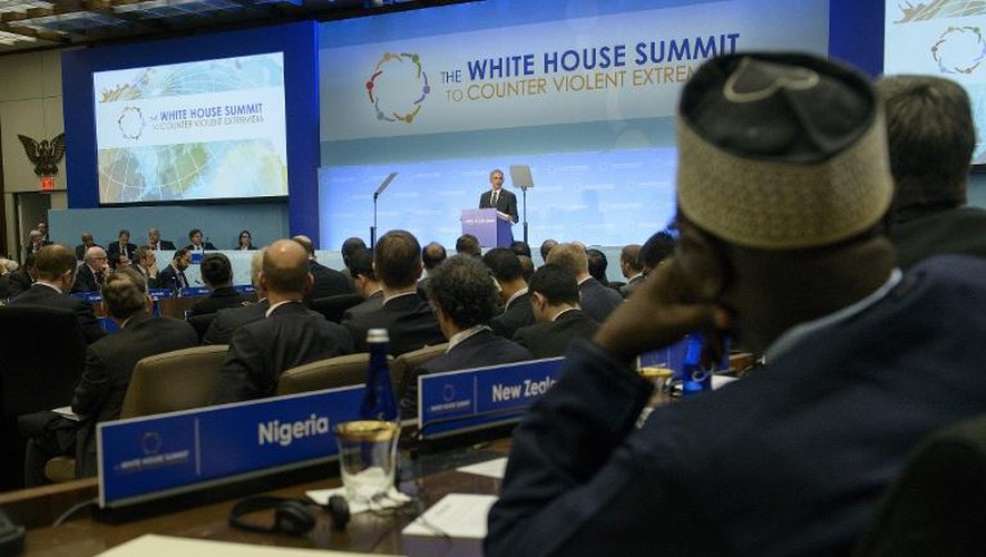 Le président américain Barack Obama à la tribune d'un sommet mondial "contre l'extrémisme violent", le 19 février 2015 à Washington
