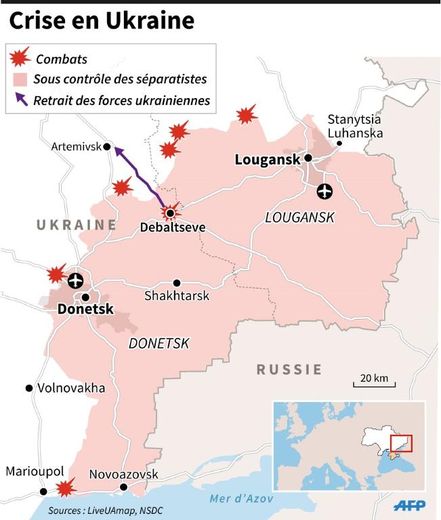Localisation de Debaltseve et de l'est de l'Ukraine où des combats ont été rapportés