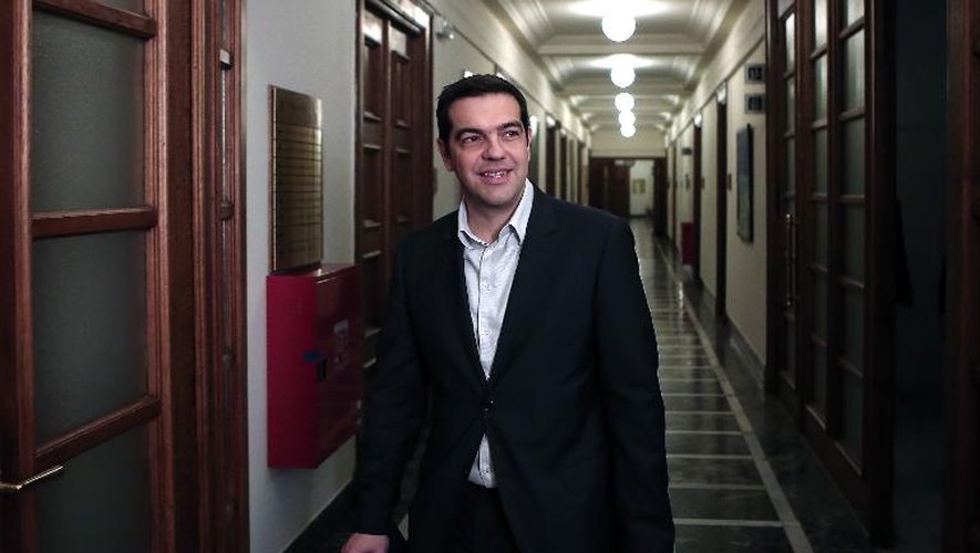 Le Premier ministre Alexis Tsipras arrive le 21 février 2015 à une réunion au Parlement à Athènes