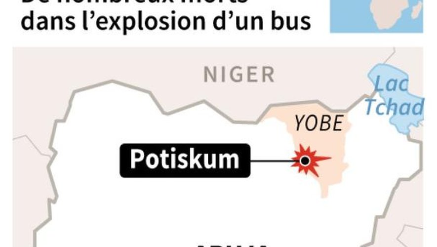 Carte localisant Potiskum, au Nigeria, où l'explosion d'un bus a fait de nombreux morts et blessés
