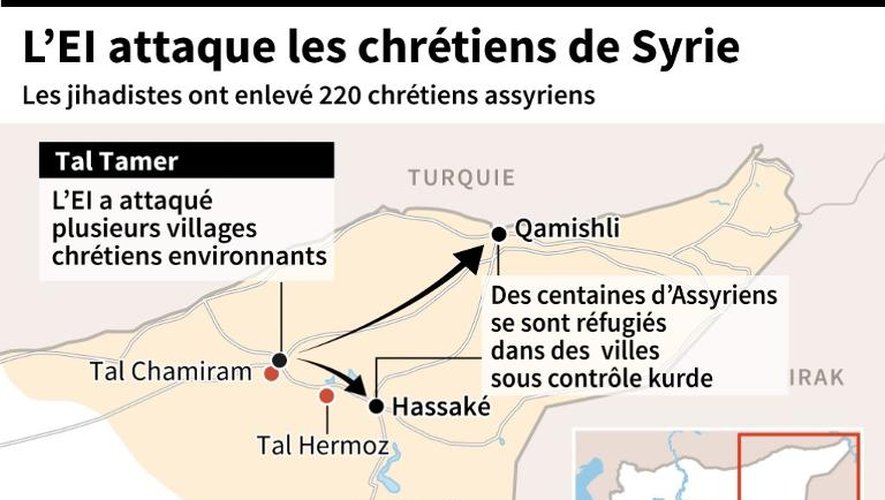 Carte de la région d'Hassaké en Syrie où plus de 220 chrétiens syriens ont été enlevés par l'EI