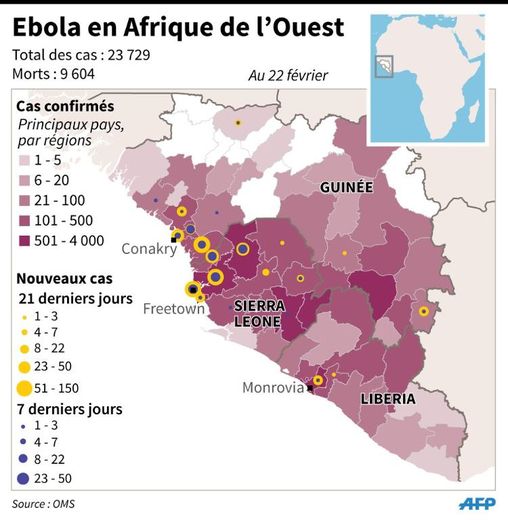 Carte de localisation des cas d'Ebola dans les trois pays d'Afrique de l'Ouest les plus touchés