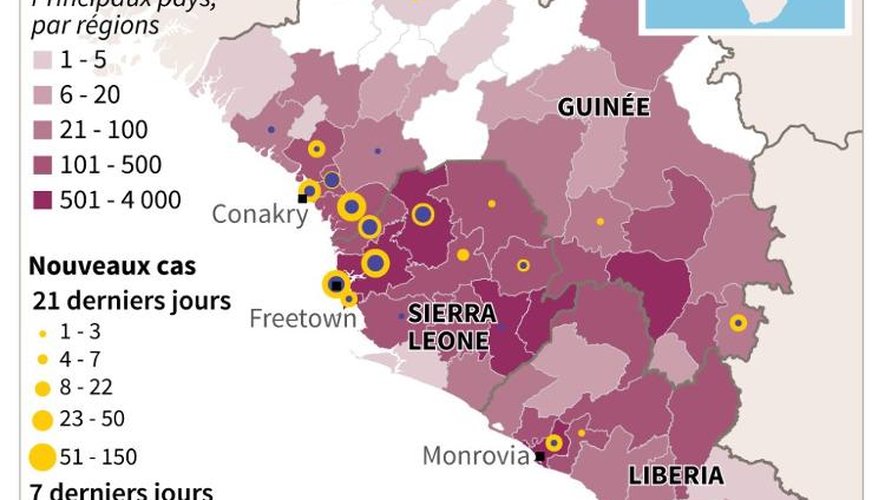 Carte de localisation des cas d'Ebola dans les trois pays d'Afrique de l'Ouest les plus touchés