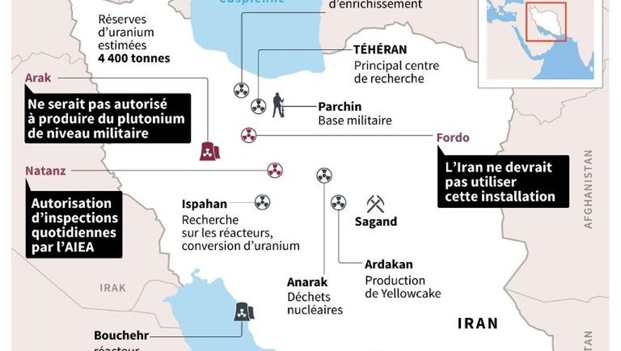 Carte des principales installations nucléaires iraniennes