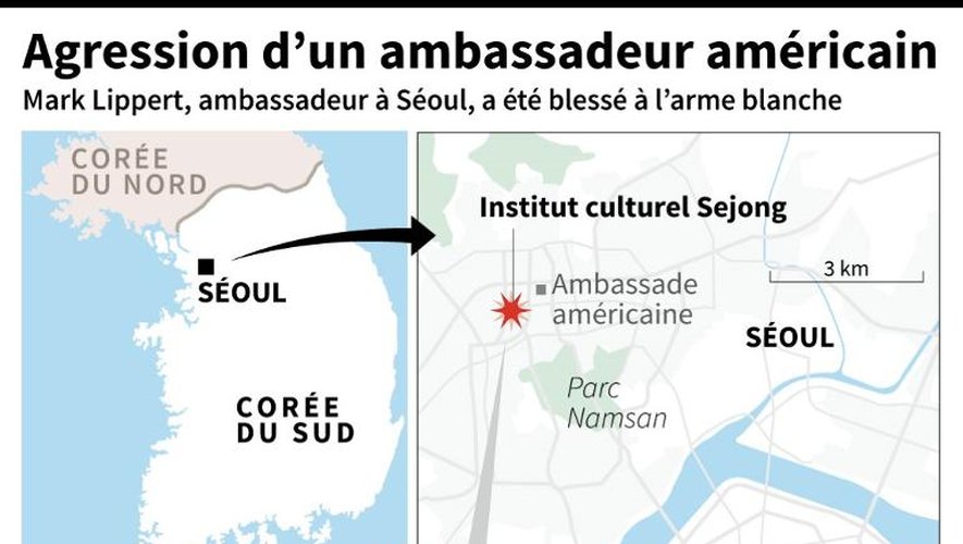 Carte de localisation de l'Institut culturel Sejong où l'ambassadeur américain à Séoul a été agressé à l'arme blanche